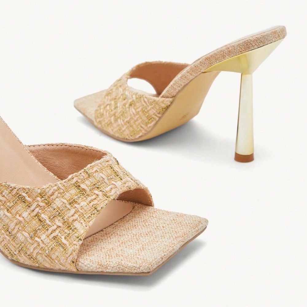 🆕 Square Toe Tweed / Linen Mule Sandals - Picture 5 of 9